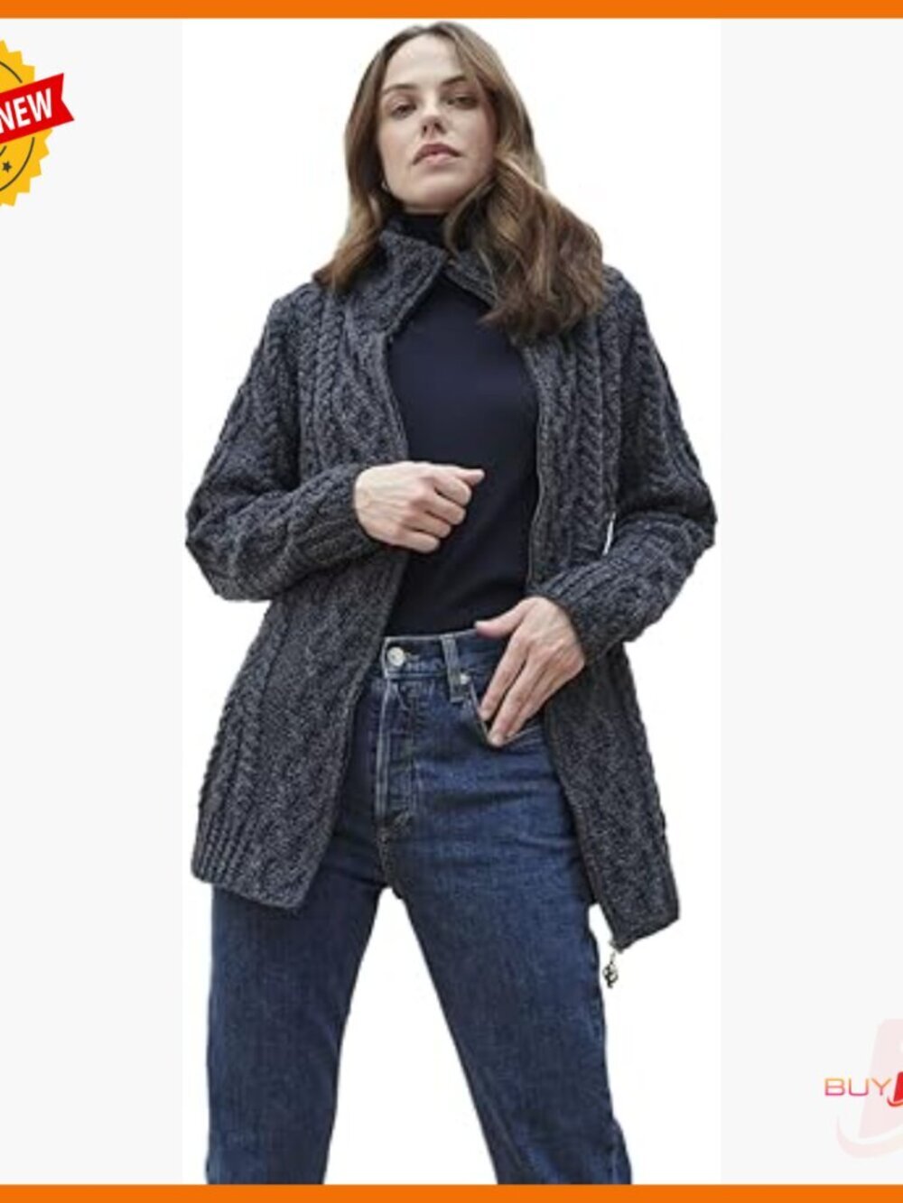 Merino Wool Cardigan with Full Zipper, Aran Stitching, Fitted Long